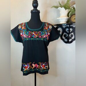 Mexican Oaxacan Style Black Colorful Floral Bunny Bird Embroidery Blouse Sz M